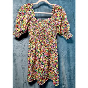 Womens Rixo Mini Dress Rainbow Floral Puff Sleeve Smocked‎ Sz Xxs Fairy Textured